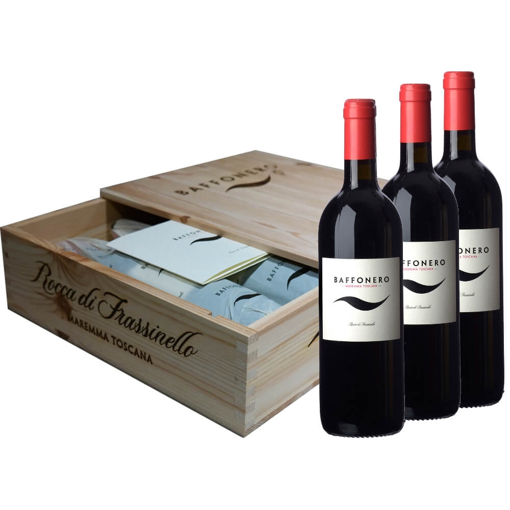 Baffonero Maremma Toscana DOC 2019 3 bottiglie in Cassa Legno originale  Rocca di Frassinello
